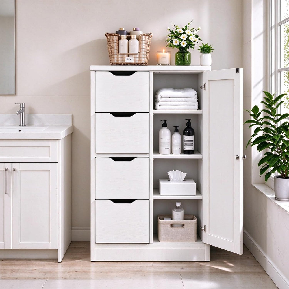 Vongrasig Small Bathroom Storage Cabinet with 4 Drawers & Door, White