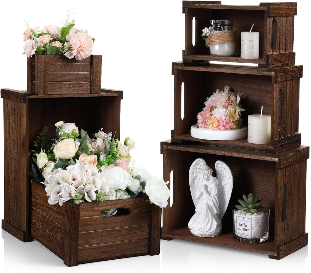 AceOrbit 6 Pcs Decorative Wood Crates with Handle for Display, Dark Brown