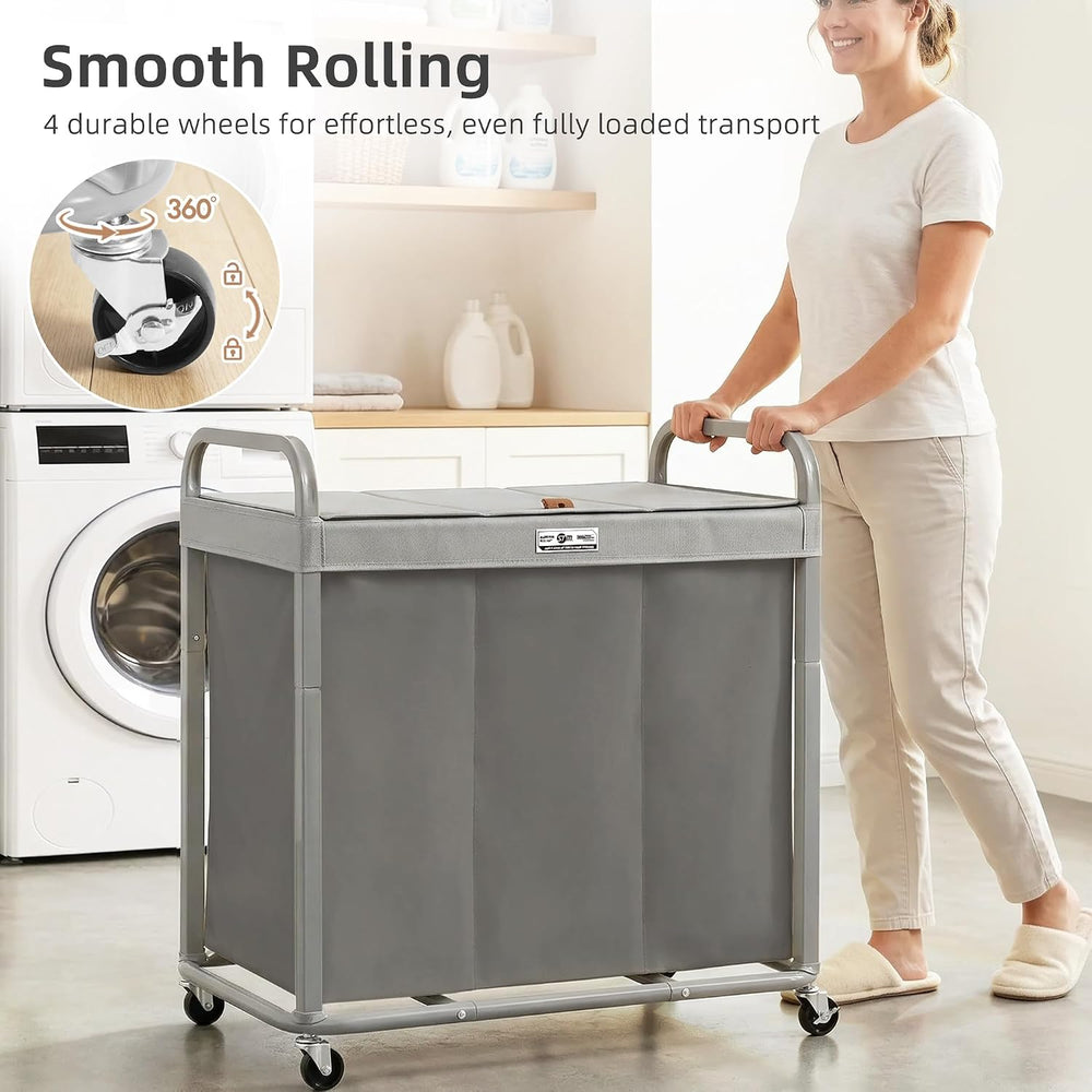 STORAGE MANIAC Laundry Hamper 3 Section with Lid Rolling Laundry Basket