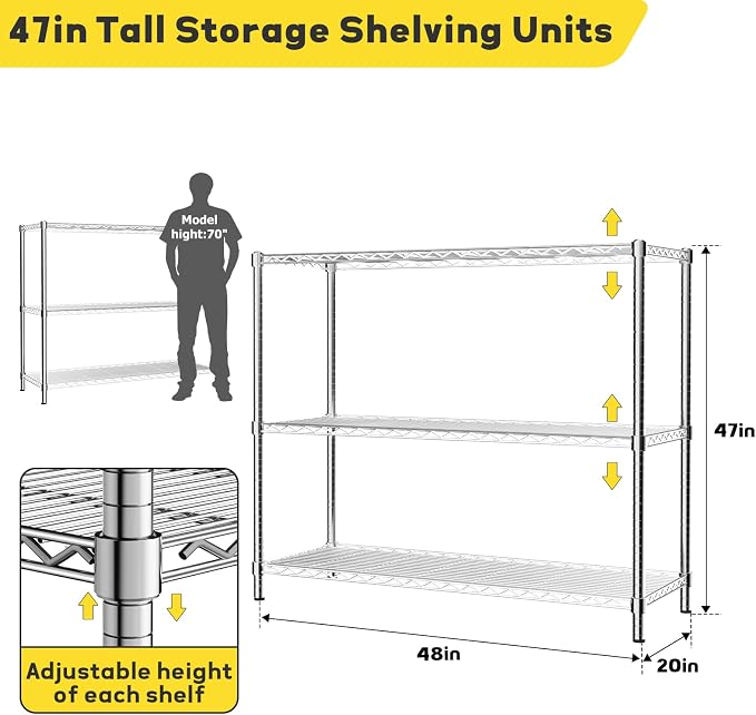Storage Shelves, 3-Tier Adjustable Metal Industrial Utility Shelf Rack