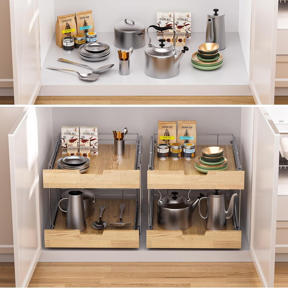 Sikarou Pull Out Cabinet Organizer,Heavy-Duty Slide Out Shelf, Wood and Wire ...