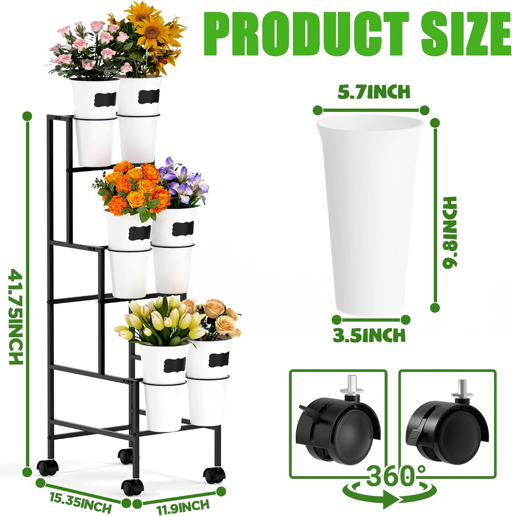 Flower Display Stand with 6 Buckets, Flower Cart with Wheels, 3 Layers Metal ...