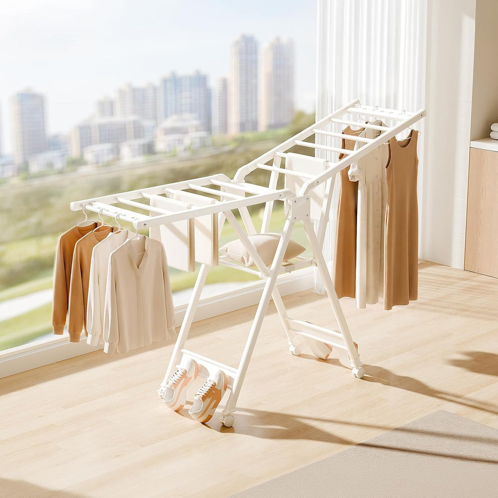 SUJI Collapsible Clothes Drying Rack, Dual Wing with Wheels, White