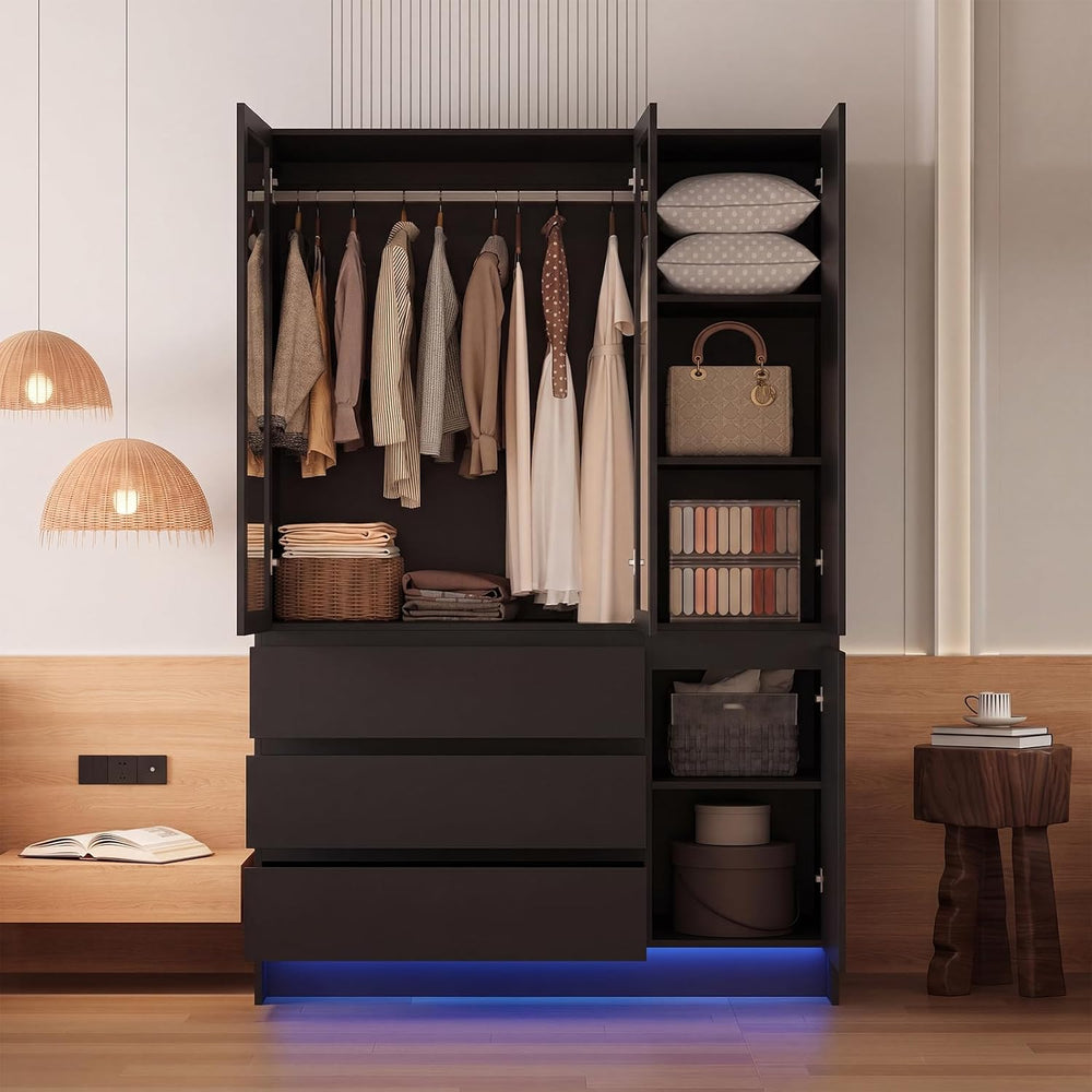 VOWNER Armoire Wardrobe Closet with 4 Doors, Bedroom Armoire with Mirrors