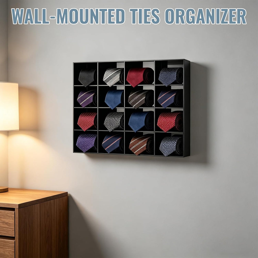 2 Pack Tie Box Organizer Wall Mounted Black Acrylic with 16 Compartments, Tie...