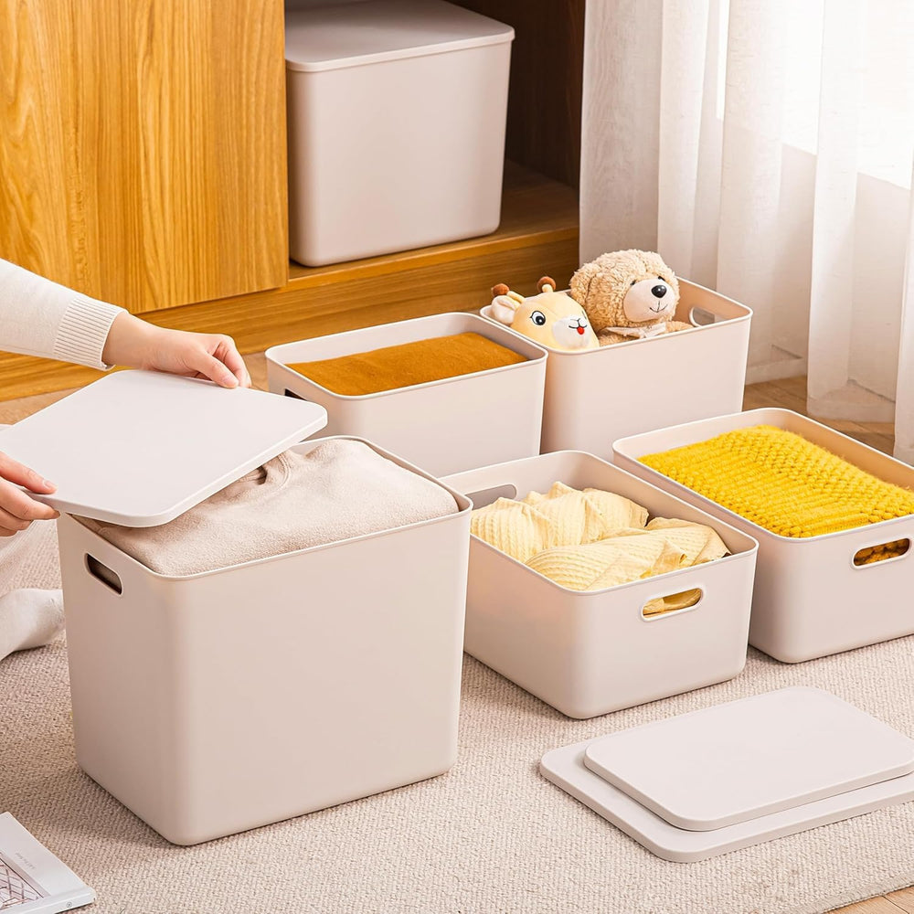 6 Piece Plastic Storage Baskets Boxes with Lids, 11.8x8x4.7 Inch Stackable Or...