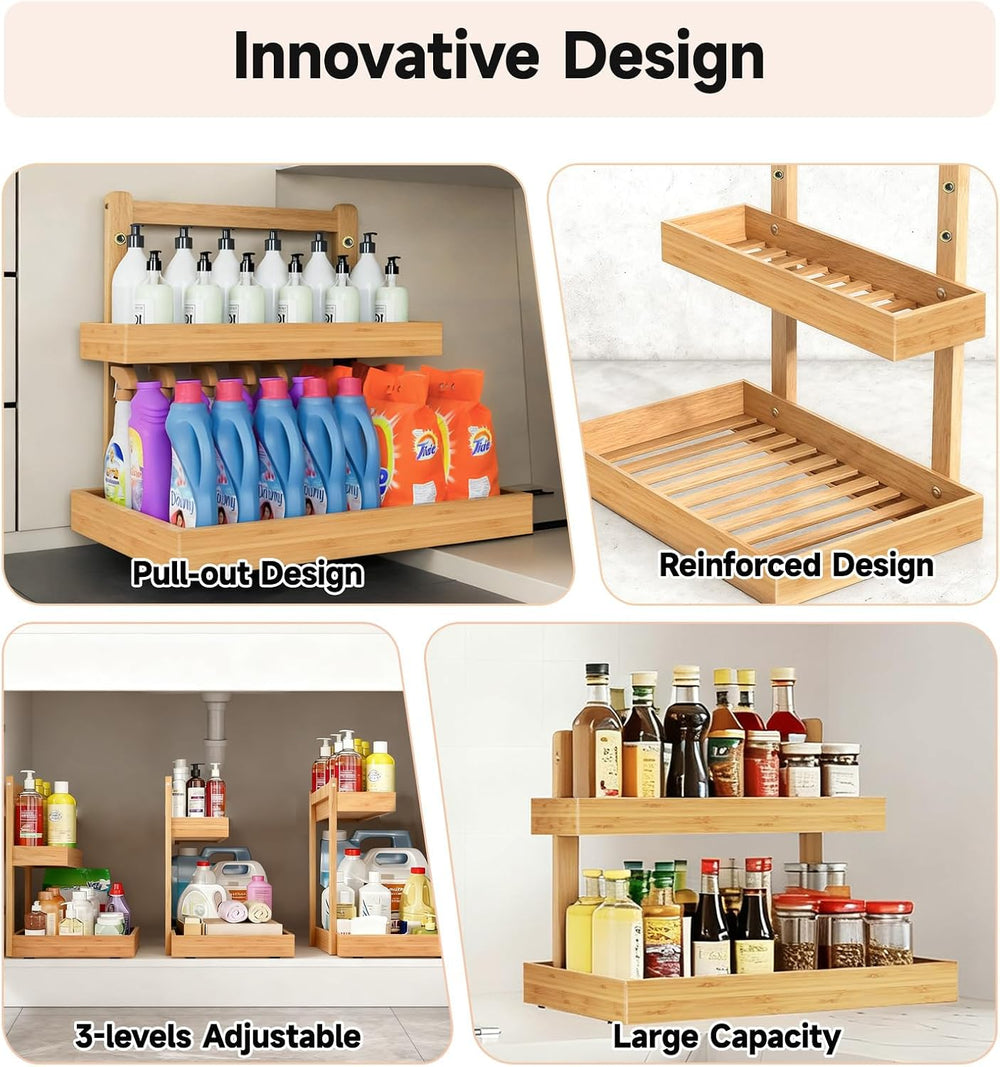 Bamboo Undersink Organizer Storage - 2-Tier Cabinet Shelf with Adjustable Lev...