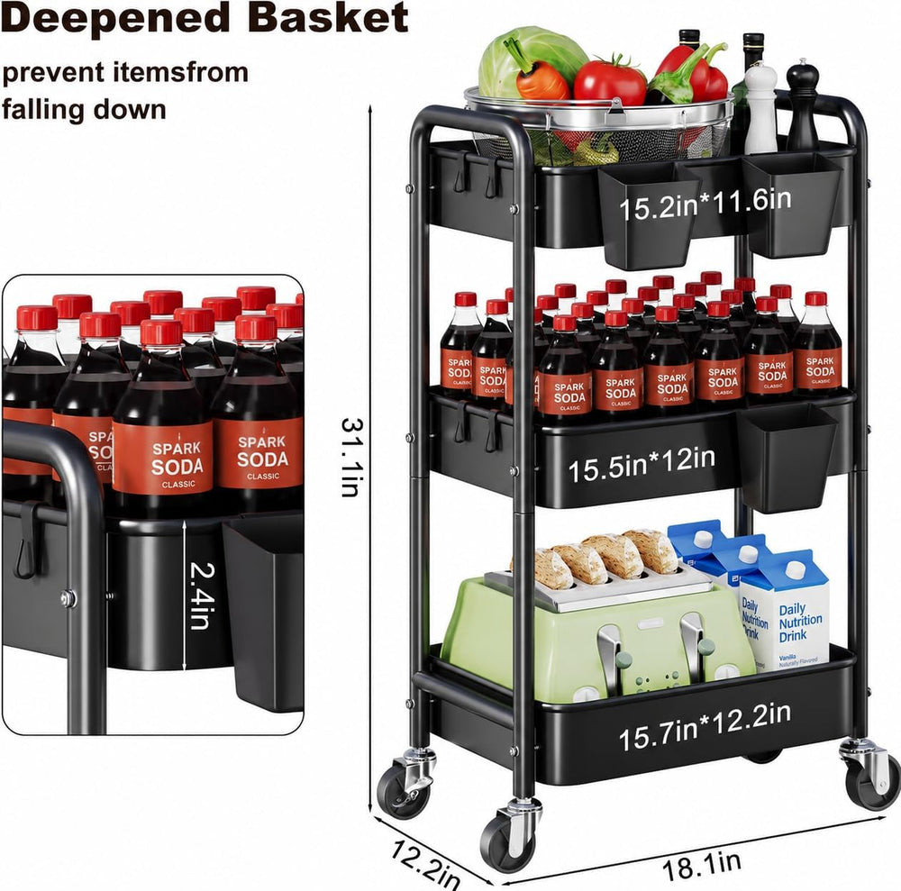 3 Tier Heavy Duty Metal Rolling Storage Cart Organizer with Wheels, Black