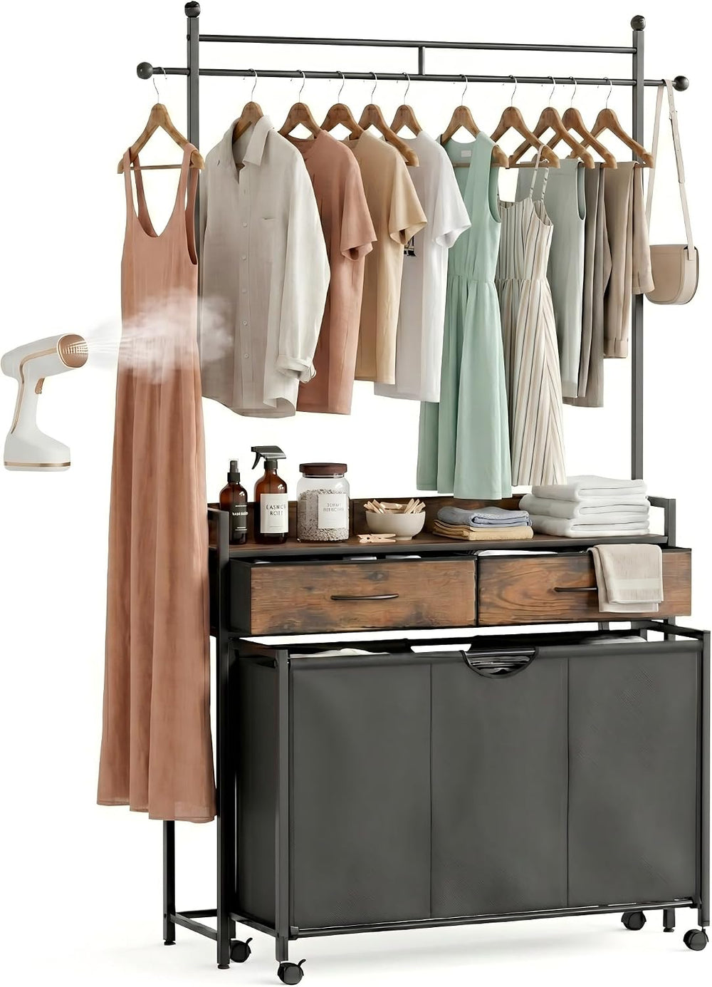 Mondeer 150L Laundry Sorter with Hanging Rack, 3 Compartments, 2 Drawers