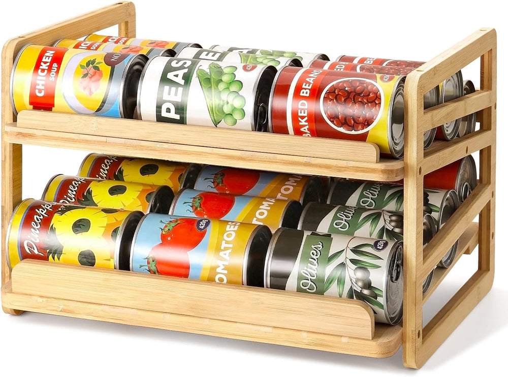 Yumkfoi Rolling Bamboo Can Organizer Rack, Stackable Can Storage