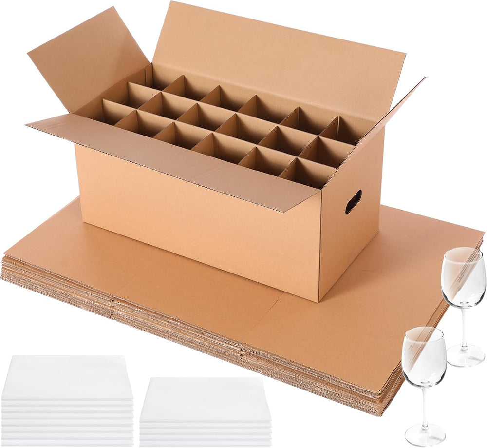 10 Sets Moving Boxes for Glasses with Divider Kits, 24 x 12 x 11 Inch Glasswa...