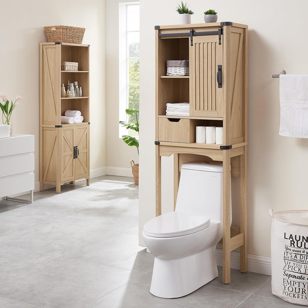 Wooden Over The Toilet Storage Cabinet with Sliding Barn Door