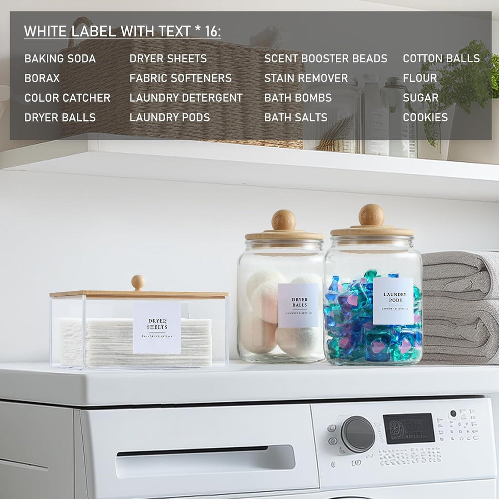 Glass Jars and Dryer Sheet Holder with Bamboo Lids, Dispenser Set and Labels,...