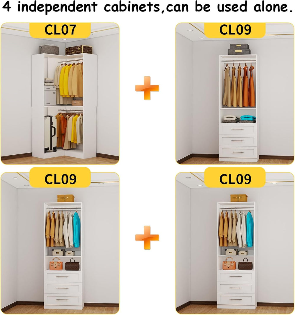 Closet System with 9 Drawers, Corner Closet Organizer System with 9 Hanging R...