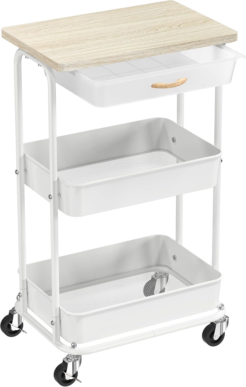 Simple Houseware 3-Tier Rolling Utility Cart with Drawer & Wood Top, Maple