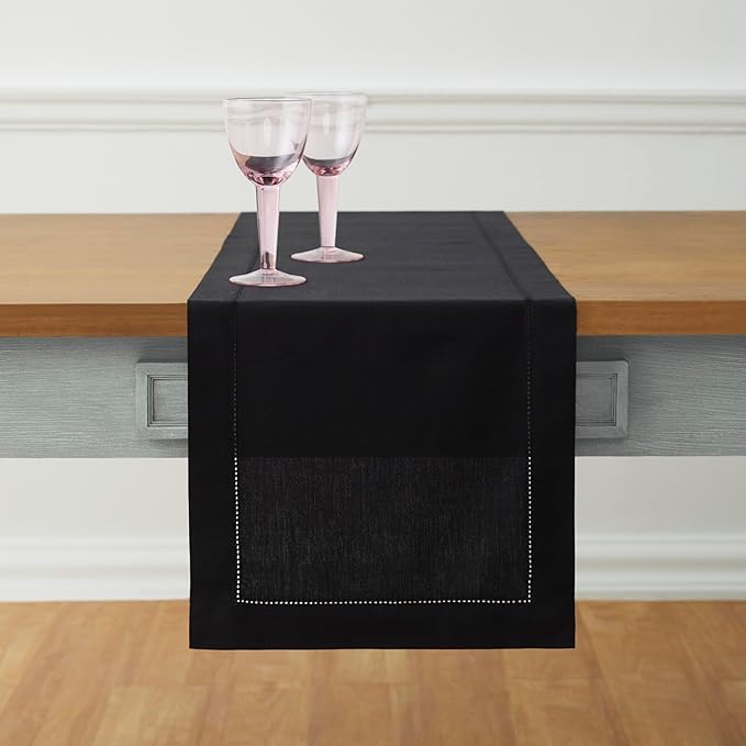 Solino Home Black Hemstitch Table Runner 60 Inches - Cotton Linen Small Table...
