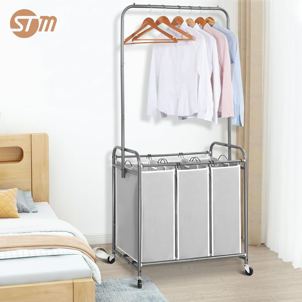 STORAGE MANIAC 136L Laundry Sorter with Hanging Bar, Portable, Removable Laun...