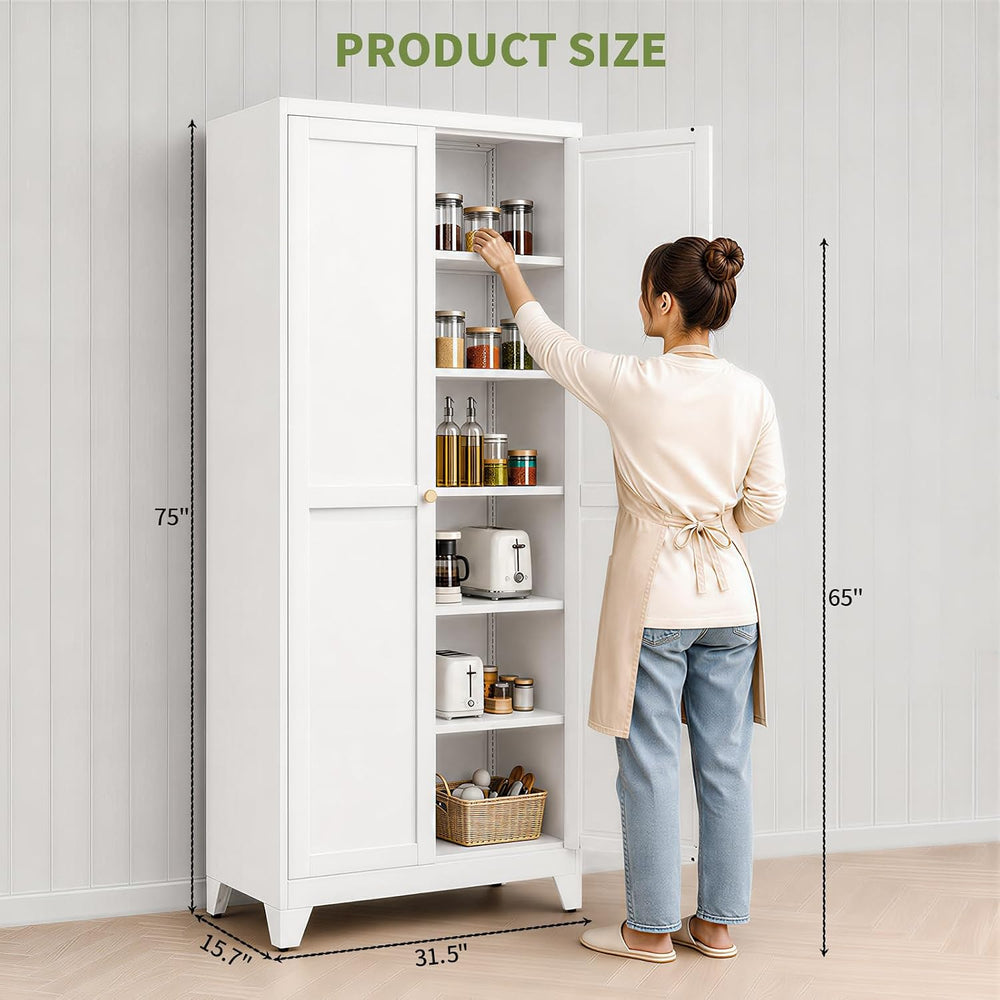75" White Metal Pantry Cabinet with Doors & 5 Adjustable Shelves