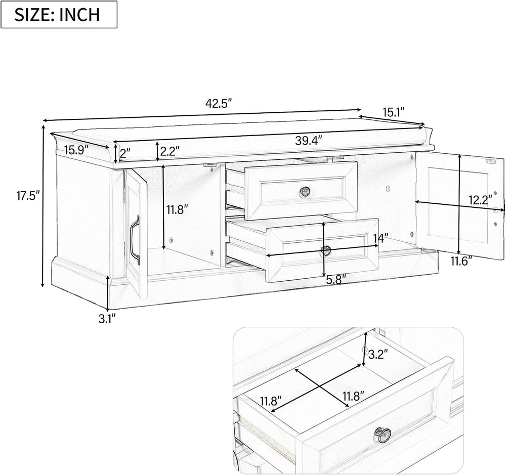 P PURLOVE Rustic Storage Bench Wood Entryway Storage Bench with 2 Cabinets an...