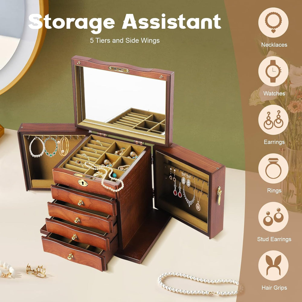 Large Wooden Jewelry Box with Mirror and Lock, 5 Layers Locking Jewelry Organ...