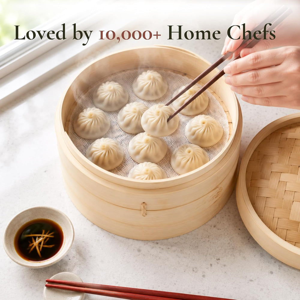 Bamboo Steamer Basket 10-Inch, 2-Tier Dumpling Steamer Cooking