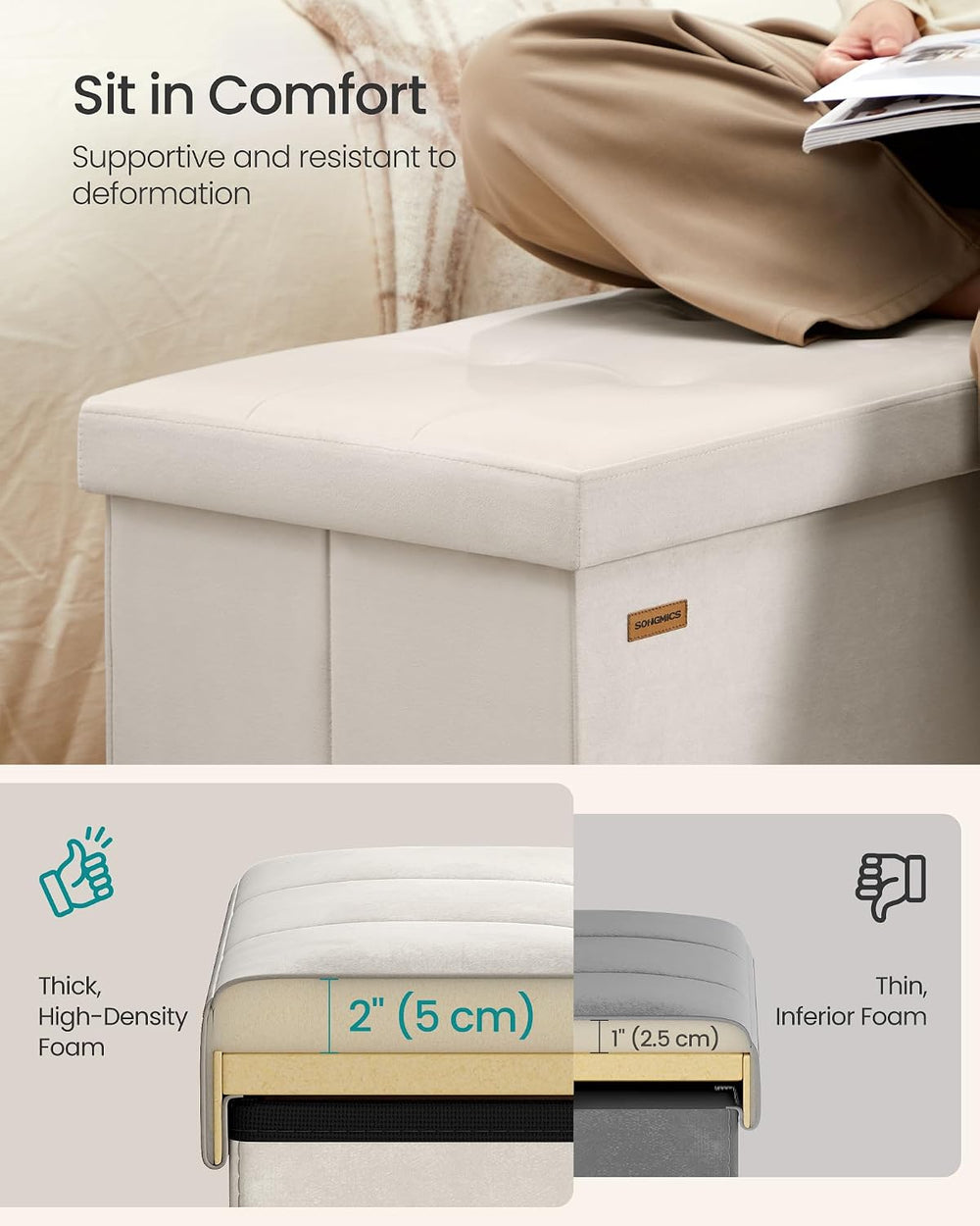 SONGMICS Foldable Storage Ottoman with Flipping Lid, 43.3 Inch Velvet Bench