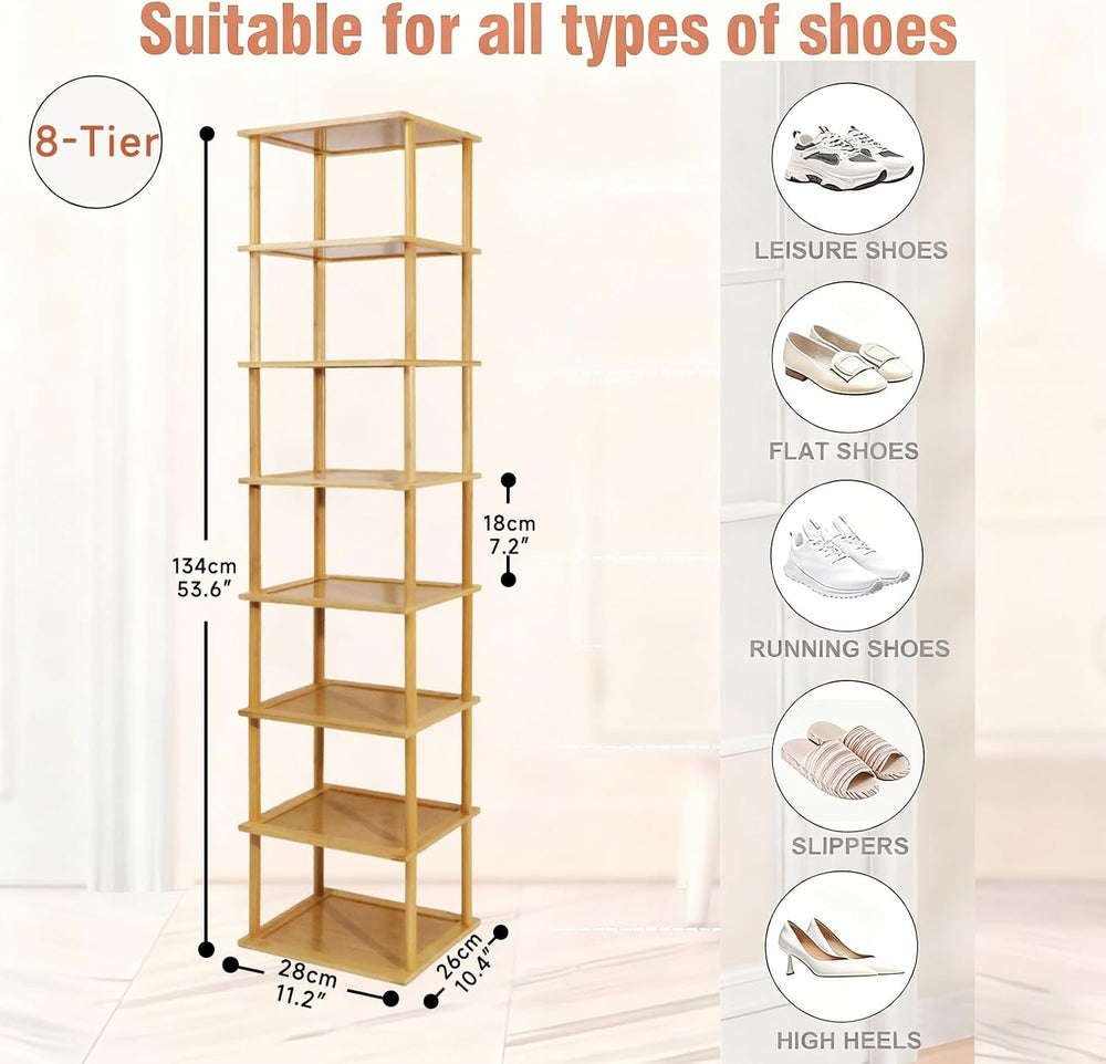 Aniston 8 Tier Bamboo Shoe Rack, Free Standing Slim Narrow Shoe Storage, Vert...