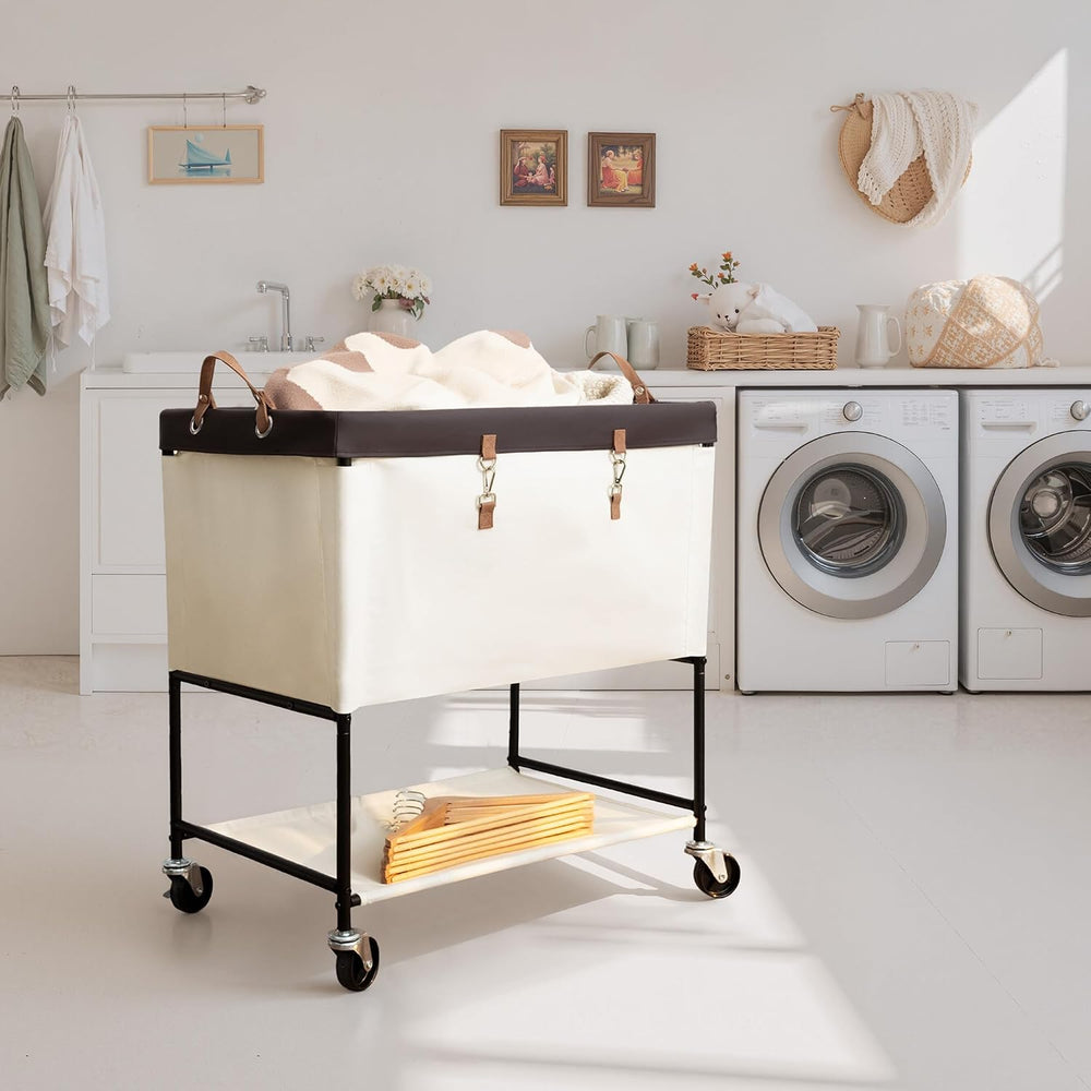 StorageWorks Laundry Cart, 2 Tier Rolling Basket with Wheels, 46 Gal, Beige