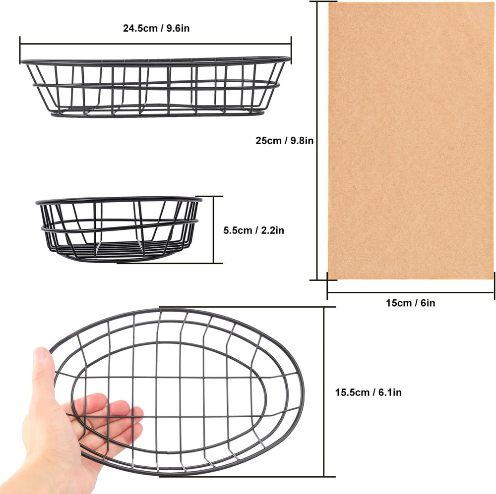 15 Pack Oval Wire Bread Basket, 9.65 x 6.1 x 2.17 Inch Metal Fast Food Basket...