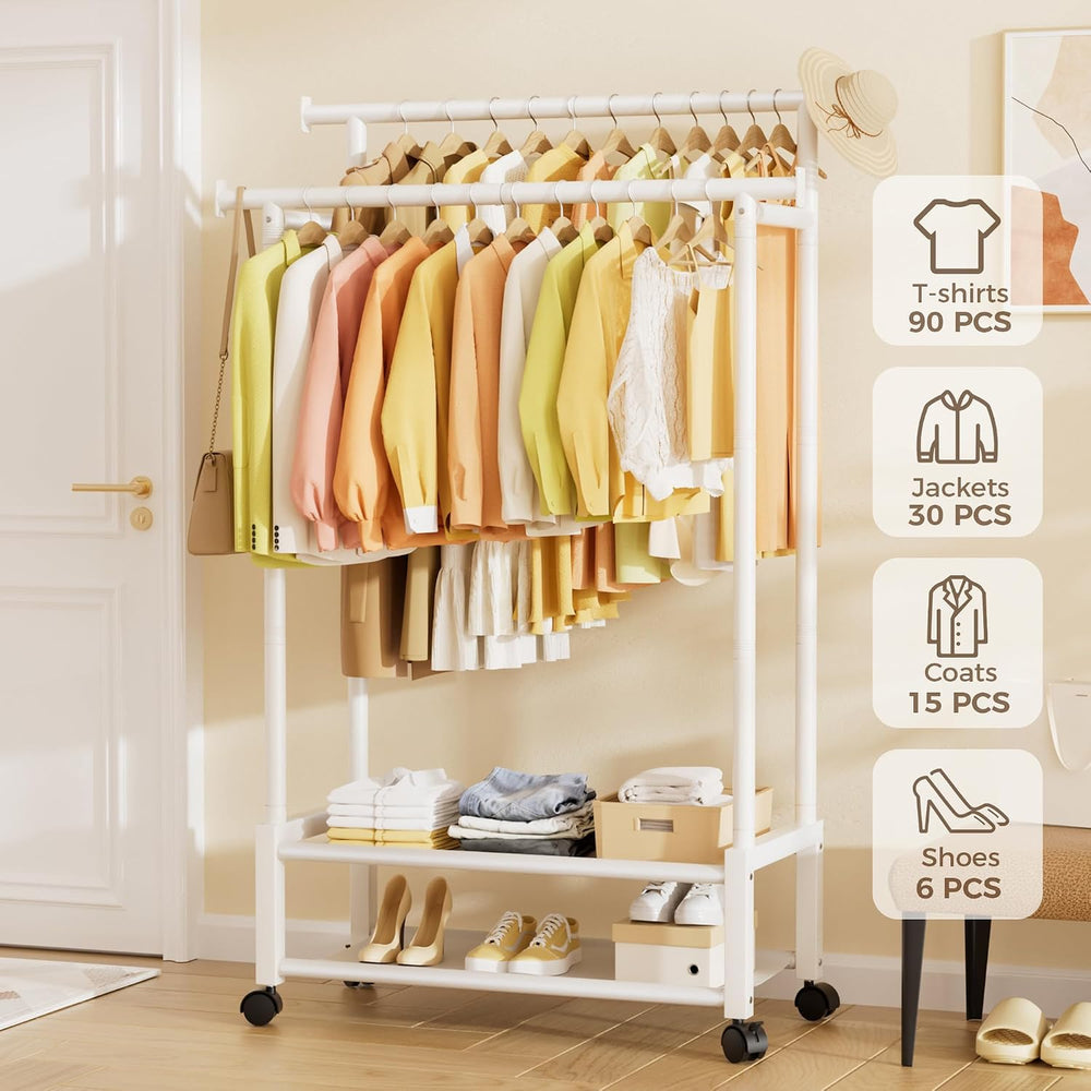 Double Rod Clothing Rack with 2 Shelves, Rolling, White