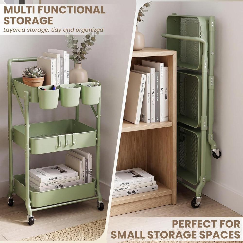 Foldable 3 Tier Rolling Cart, Metal Utility Cart with Wheels
