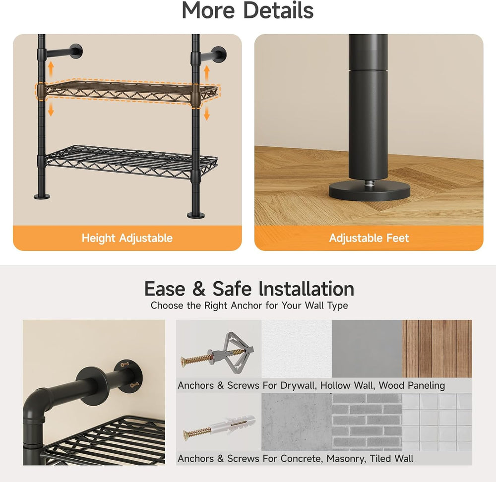 ONBRILL L7 Wall Mounted Industrial Pipe Clothing Rack, Corner Closet System