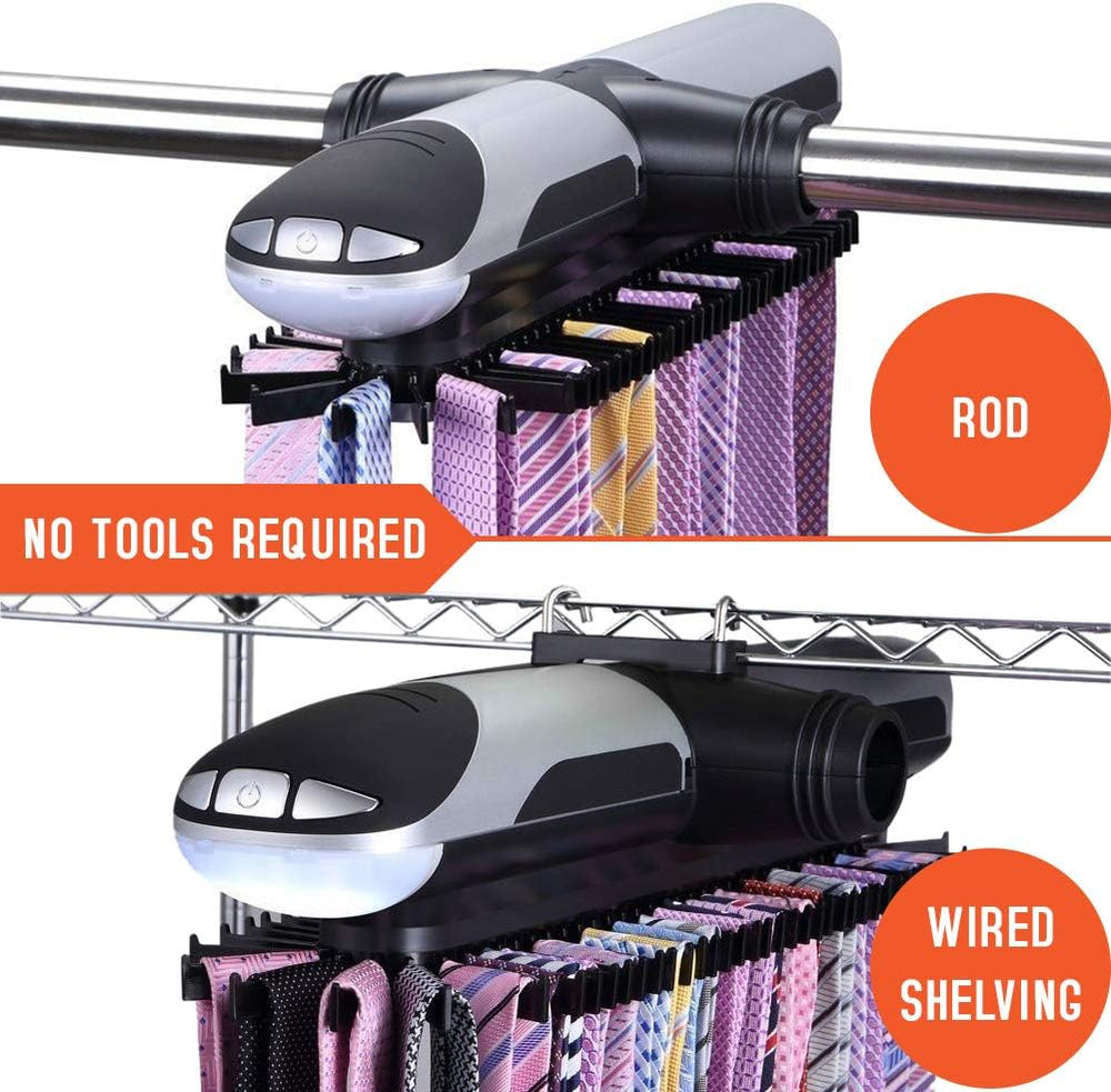 Motorized Tie Rack Closet Organizer with LED Lights Includes J Hooks for Wire...