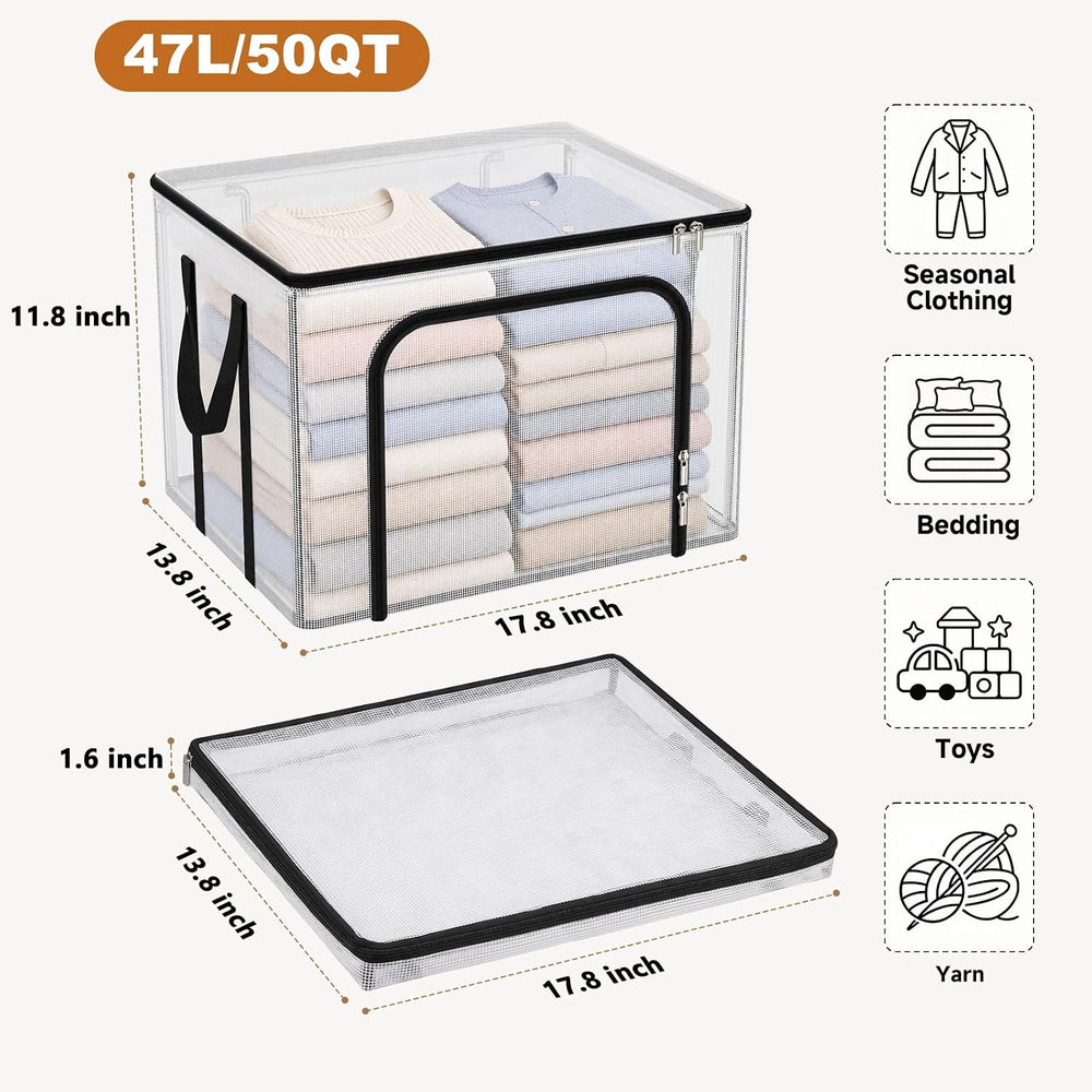 Clear Clothes Storage Bins with Metal Frame, Foldable Storage Boxes，3 Pack