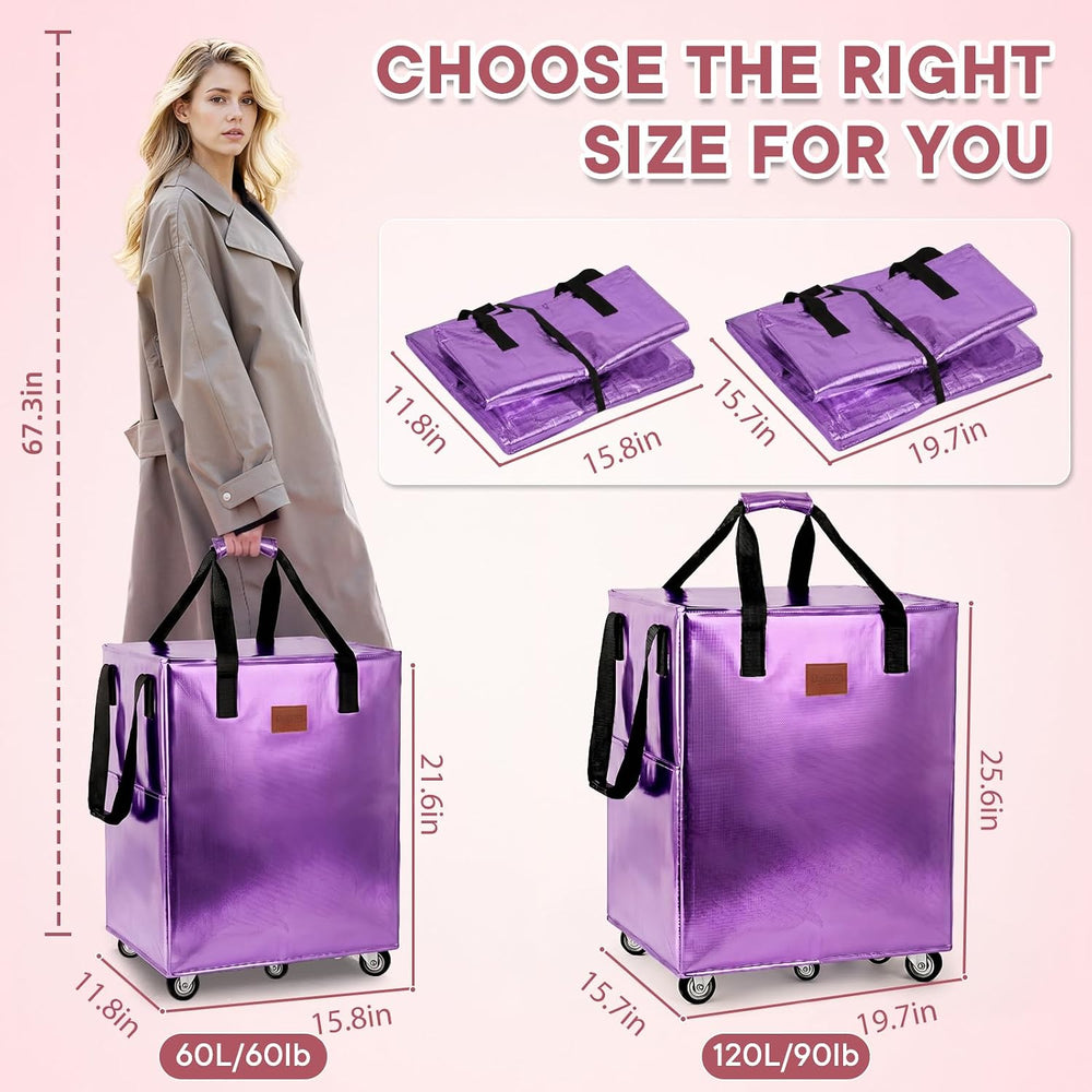 Reusable Grocery Bag On Wheels, Hauler Rolling Tote Bag, Foldable Rolling Tot...