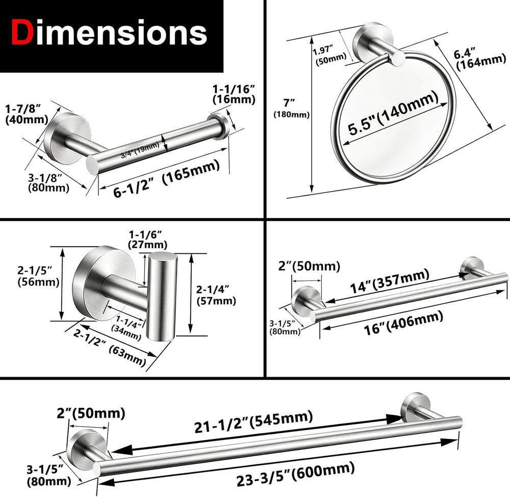 6 Pieces Brushed Nickel Bathroom Hardware Accessories Set Hand Towel Ring 16&...