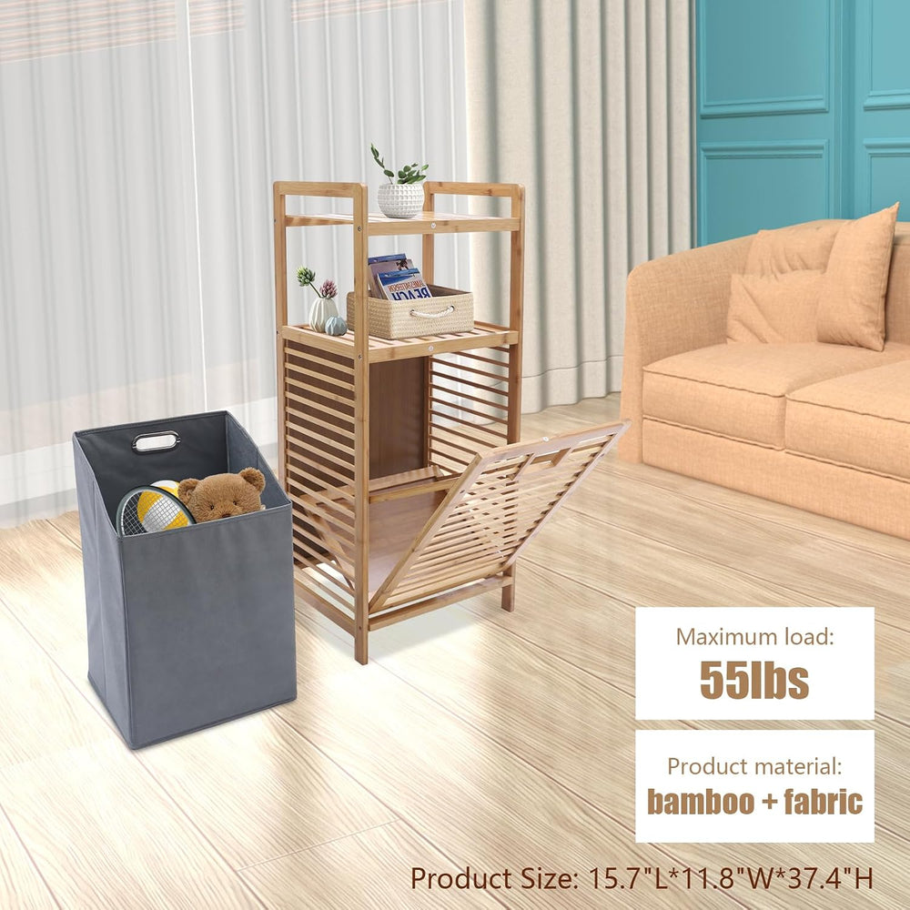 3-Tier Laundry Hamper with Shelf, Bamboo Tilt Out Laundry Hamper, Removable C...