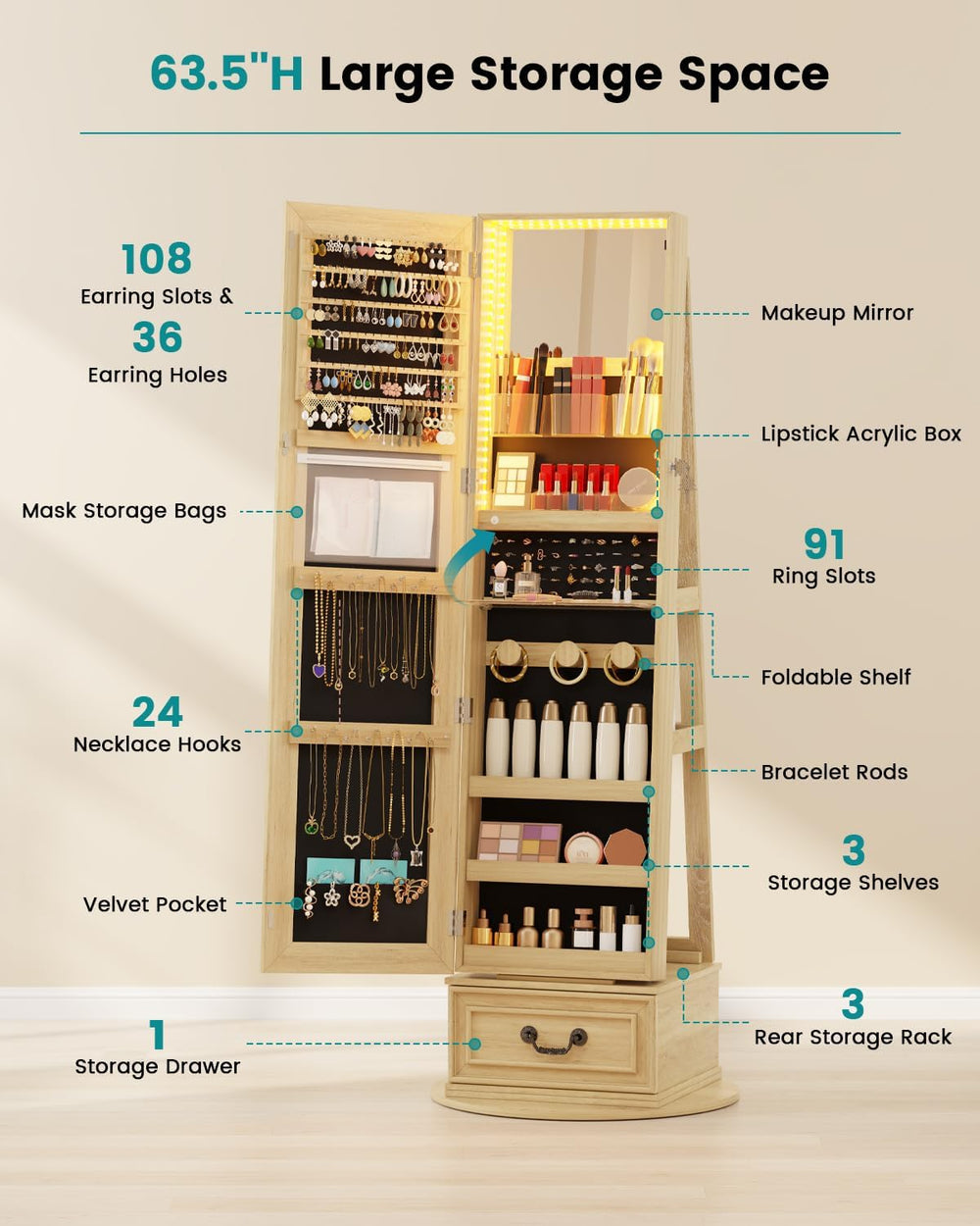 Vlsrka Mirror Jewelry Cabinet Standing with Lights, Lockable, Swivel, Wood