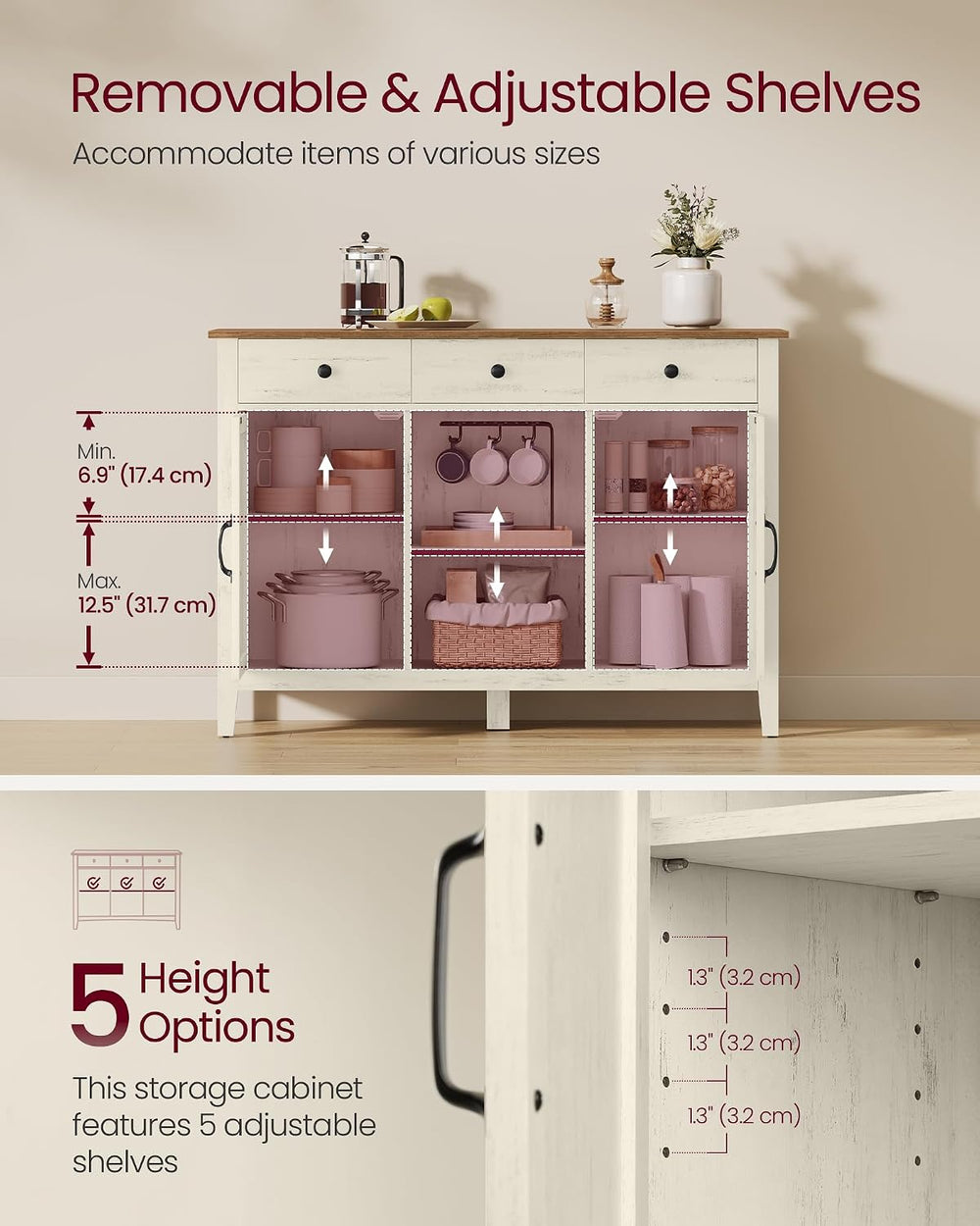 VASAGLE Buffet Cabinet, Coffee Bar with 3 Drawers, Adjustable Shelf