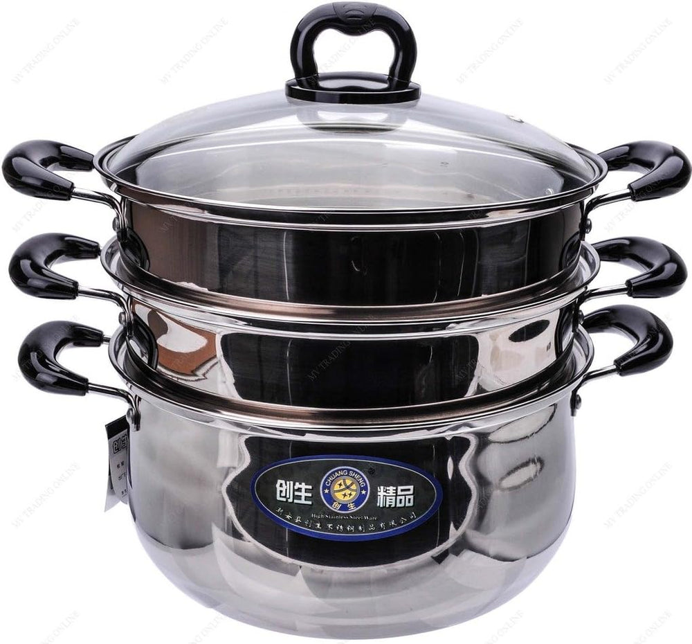 M.V. Trading S7328B Stainless Steel 3 Tiers Steamer Pot Steaming Cookware, 28...