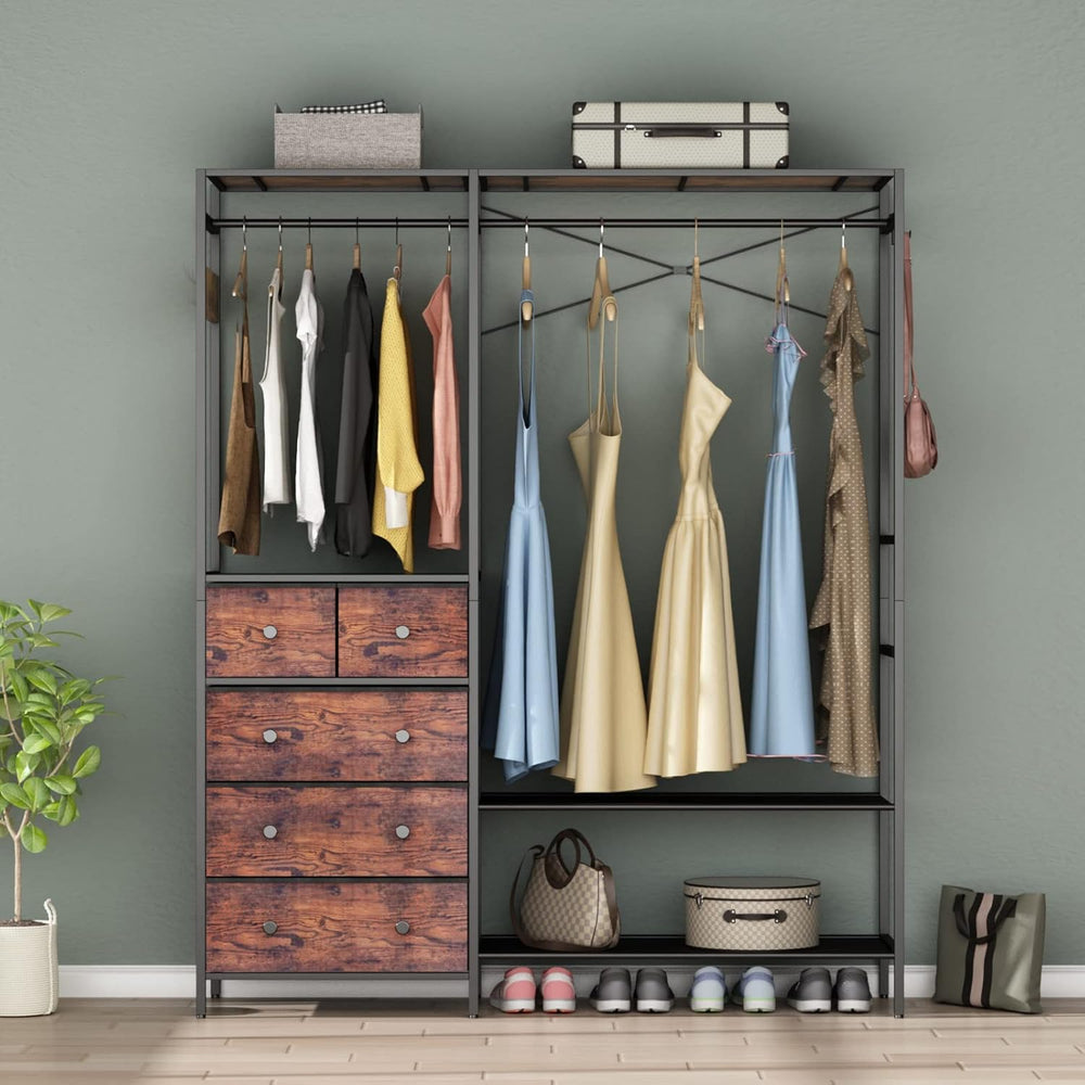 Freestanding Clothes Rack with 5 Drawers & 4 Storage Shelves,2 Hanging Rods