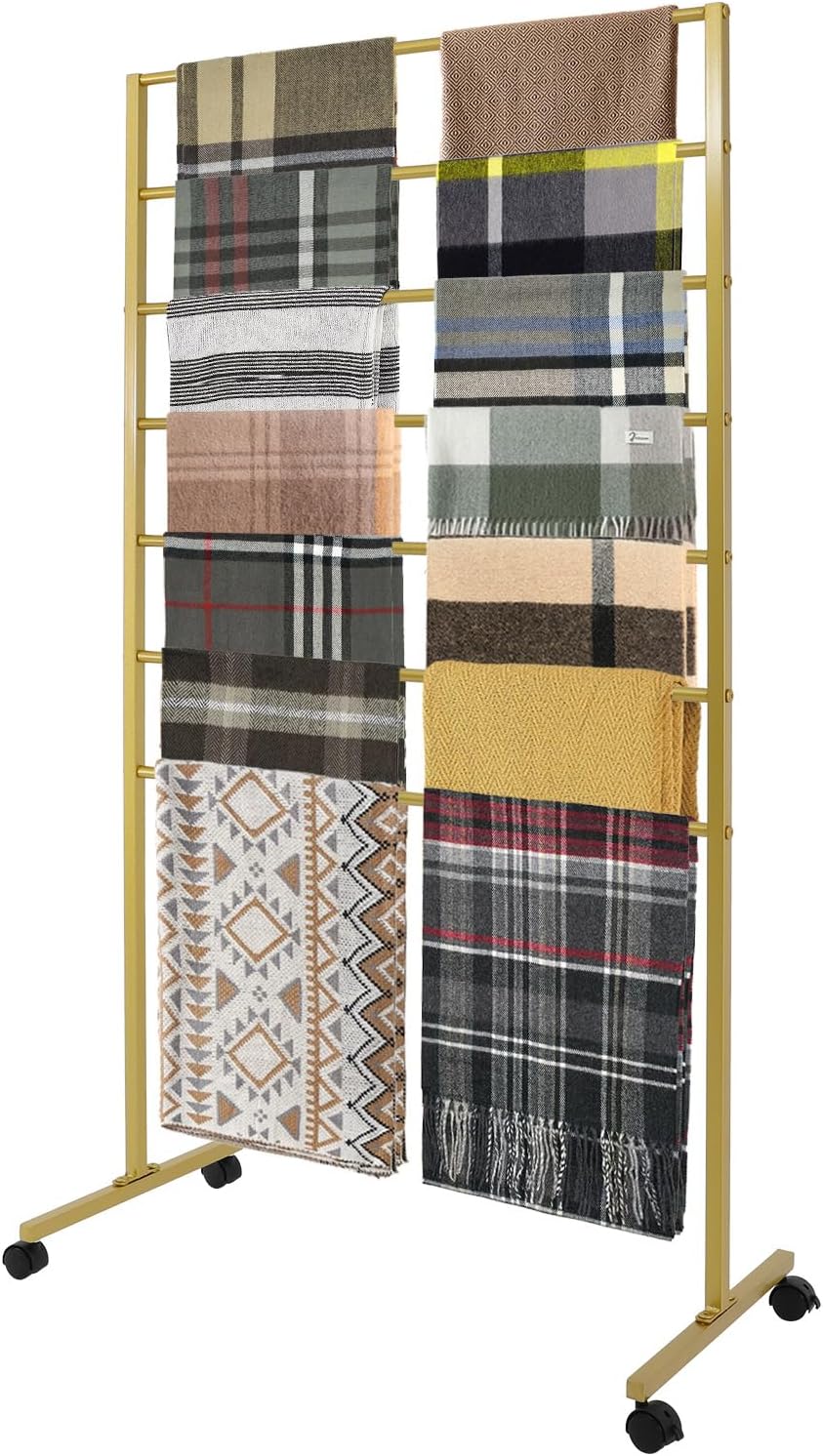 7 Tier Metal Display Rack with Wheels, Floor Standing Scarf Display Stand, Hi...