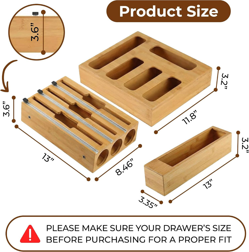 9-in-1 Bamboo Kitchen Drawer Organizer - Storage Bag Holder with Built-In Foi...