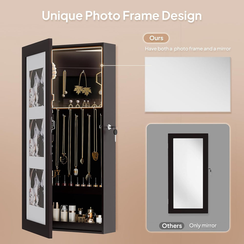 VINGLI Brown Wall-Mounted Jewelry Organizer for Women, 3-in-1 Photo Frame, Mi...