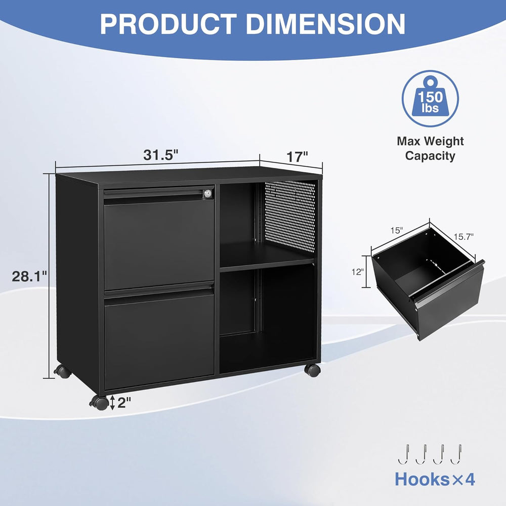 Mobile File Cabinet with Side Hook, 2 Drawer Lateral File Cabinet with Lock f...