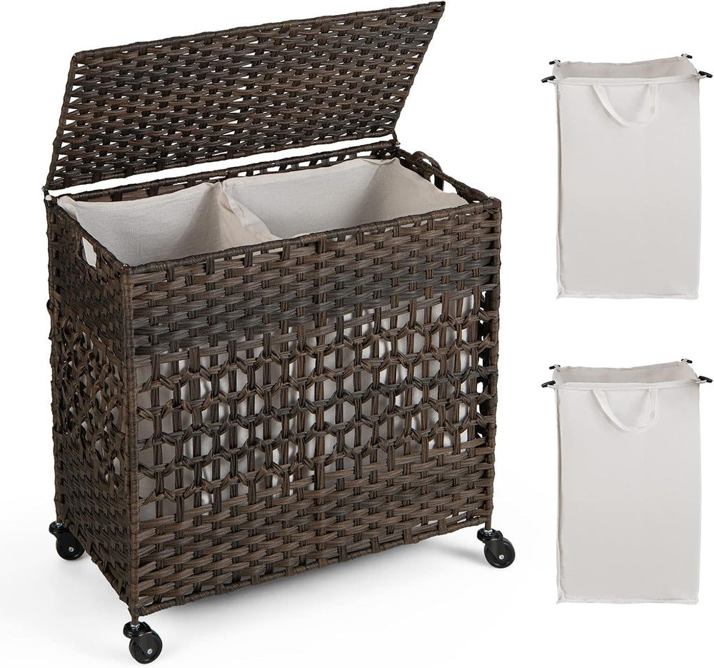 GOFLAME Laundry Hamper with Lid and Wheels, 110L Folding Synthetic Rattan Clo...