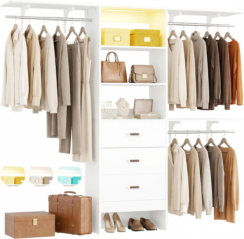 iSunirm 96" Wall Mounted Closet System with LED, Walk-In Style Wood Clos...