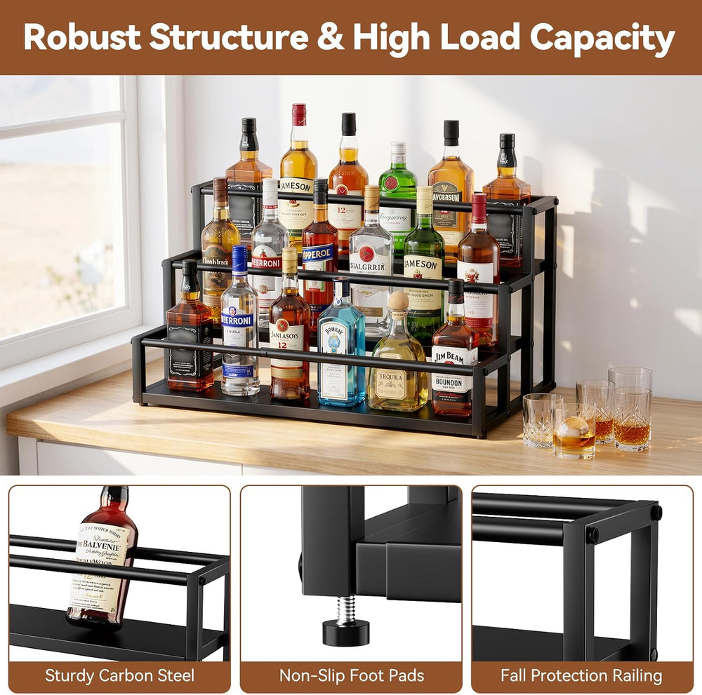 Nuovoware Expandable Liquor Bottle Display Shelf, 3-Tier, Black