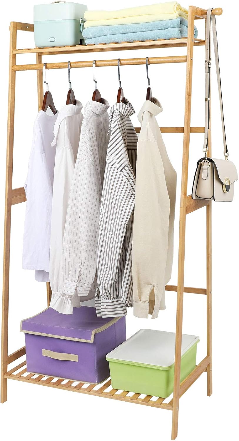 Ufine Bamboo Clothes Hanging Rack with 2 Tier Storage Shelves, 2 Coat Hooks