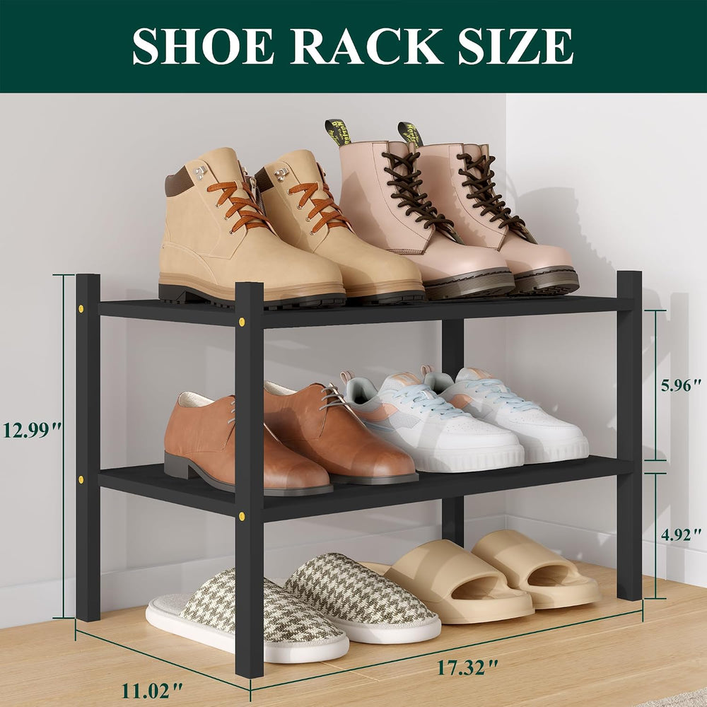 Smiry Bamboo Shoe Rack, 5 Horizontal Slats, 2 Tier - 17.3" Wide, Black